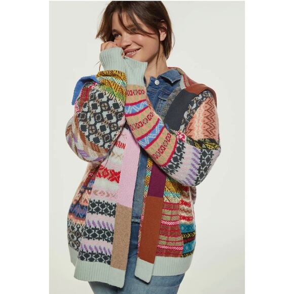 Anthropologie Pilcro Abstract Patchwork Open Cardigan Sweater XS/S Fair Isle - Picture 13 of 16